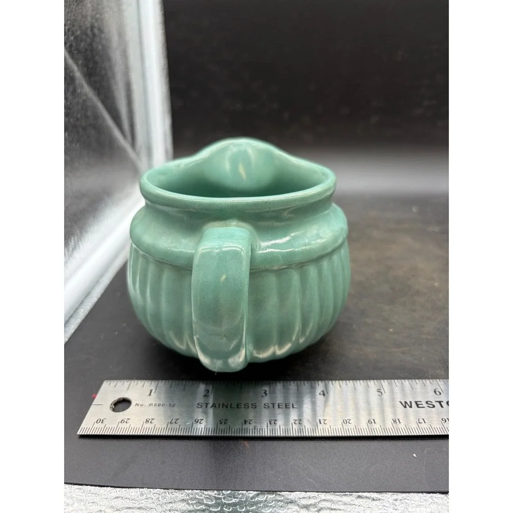 Vintage Seafoam Green Ribbed Ceramic Creamer Pitcher Fluted Pottery